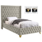 Meridian Furniture - Savan Velvet Upholstered Bed, Cream, Twin - Bring luxury to the forefront when you add this Savan velvet twin-size bed to your room. Upholstered in rich cream velvet from the top of its super-high headboard down to its footboard, this beautiful bed features deep button tufting and a wingback detail to make it a true standout in your space. This luxe bed comes with two sets of legsincluding both gold and chrome optionsso you can customize it to completely coordinate with other items in your space. Full slats are included so that you can set it up and start using it right away.