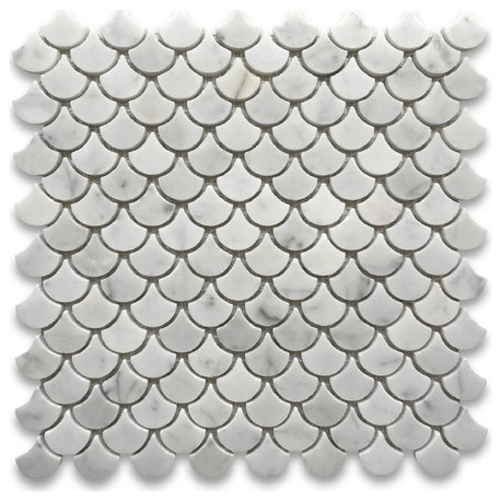 Carrara Venato Carrera Marble Dragon Fish Scale Fan Mosaic Tile Honed, 1 sheet