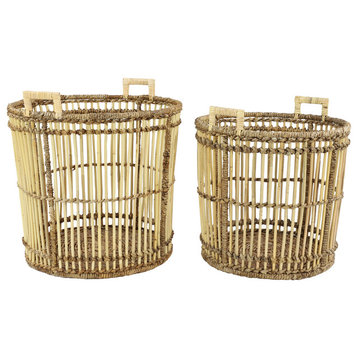 Large Birdcage-Shaped Natural Bamboo Baskets With Banana Leaf Detail, Set of 2