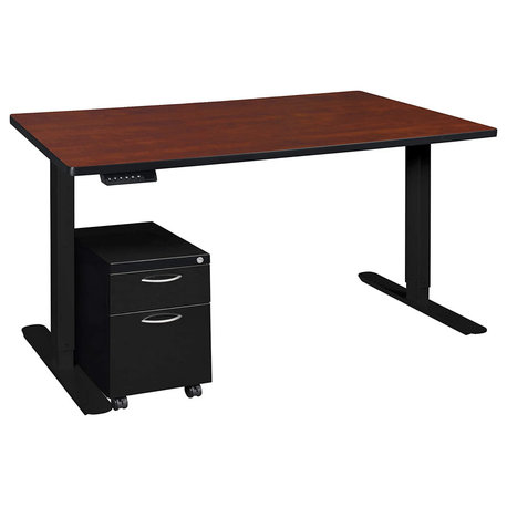 Modern Power Desk, Adjustable Height With Mobile File Cabinet, Cherry/Black