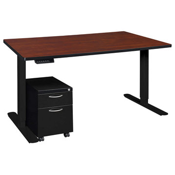 Modern Power Desk, Adjustable Height With Mobile File Cabinet, Cherry/Black