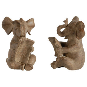Benzara BM284984 2-Piece Set Bookends, Reading Elephant Statuettes, Brown