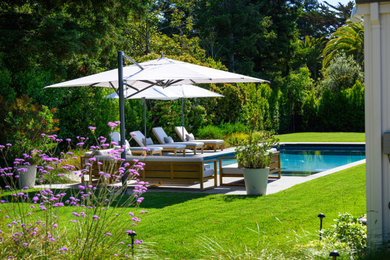 Large country backyard rectangular pool in San Francisco with a hot tub.