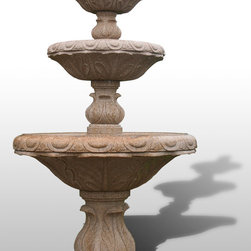 Deep Relief Carved 3-Tier Fountain in Giallo Fantasia Granite - Outdoor Fountains And Ponds