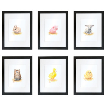 "Barnyard Littles" Set of Six Framed Prints With Mat, Black, 18x24