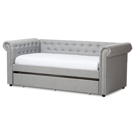 Mabelle Beige Fabric Trundle Daybed, Gray