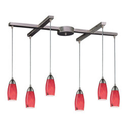 Elk Lighting - Milan 6-Light Pendant, Satin Nickel and Fire Red Glass - Kitchen Island Lighting