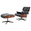 Midcentury Modern Lounge Chair and Ottoman, Black, Walnut, Aniline Leather