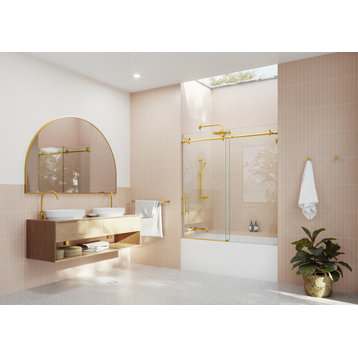 52-56"x60" Frameless Bath Tub Sliding Shower Door, Satin Brass