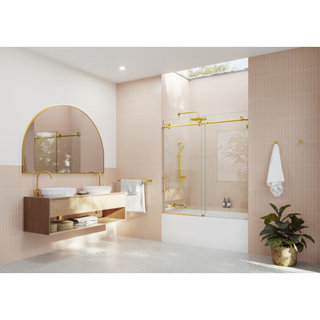 52-56"x60" Frameless Bath Tub Sliding Shower Door, Satin Brass
