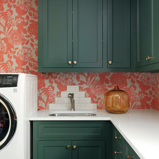 Photo of a small coastal l-shaped separated utility room in Minneapolis with green cabinets, quartz worktops, multi-coloured walls, white worktops, a submerged sink and shaker cabinets.