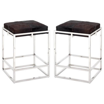 Home Square Stainless Steel Hide Counter Stool in Nickel & Espresso - Set of 2