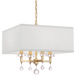 Crystorama - Paxton 4-Light Chandelier, Antique Gold - The Paxton chandelier is a timeless design that combines contemporary styling with clean lines. The minimal Antique Gold steel frame features four square arms glass bobeches and a hanging glass ball. The lights housed beneath its square white silk shade diffuse a soft glow that is perfect for a dining room on kitchen.