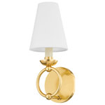 Mitzi - Haverford 1 Light Wall Sconce, Steel - Clean and classic, Haverford has traditional appeal, with crisp white linen shades, streamlined candlesticks, and equestrian-inspired ring details. The chandelier's finish mix of Texture Black and Aged Brass adds elegance over the dining table and the Aged Brass sconce brings a warmth to walls throughout the home. Part of our Ariel Okin x Mitzi Tastemakers collection.