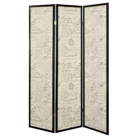 Bowery Hill 3 Panel French Script Room Divider in Black and Brass