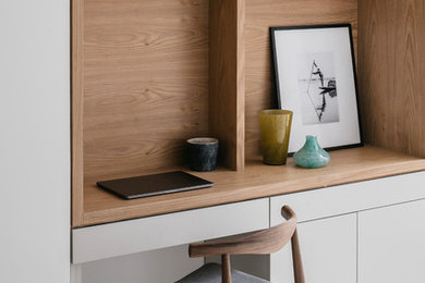 Inspiration for a medium sized contemporary open plan living room in London with white walls and ceramic flooring.