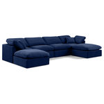 Meridian Furniture - Indulge Upholstered Modular U-Shaped Sectional, Navy, 6-Piece: 2 Armless Chair, 2 Corner Chair, 2 Ottoman, Down Stuffed Velvet - Experience ultimate comfort and style with our navy velvet Indulge Sectional. The luxurious velvet will elevate the aesthetic of any room. This sofa provides ample space for you to relax while its modular build offers the option of unlimited configurations. Whether you're looking to add a stylish element to your living room or a comfortable seating option to your bedroom, this sofa is the perfect choice.