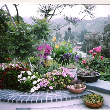 Santa Barbara garden, w/ blue brick and exposed aggregate concrete
