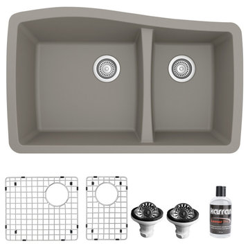 Karran Undermount Quartz 33" 60/40 Double Bowl Kitchen Sink Kit, Concrete