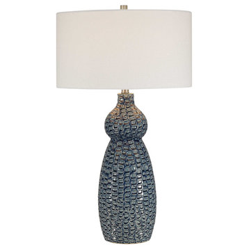 Luxe Geometric Carved Cobalt Blue Ceramic Table Lamp Curved Gourd Shape White