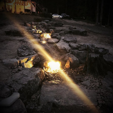 Pondless Water Feature/Flagstone Patio and Fire Pit/Mossrock Seating Wall