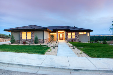 Trendy single front door photo in Boise with a dark wood front door