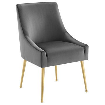 Velvet Accent Chair, Brushed Gold Dining Chair, Glam Modern Side Chair, Grey