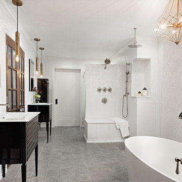 Master Bath in Iridescent White and High Gloss Black