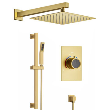 10" Pressure Balancing 2-Function Slide Bar Shower System, Brushed Gold, Included Valve