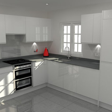 Modern Handleless White High Gloss Kitchen with Grey Quartz Worktops