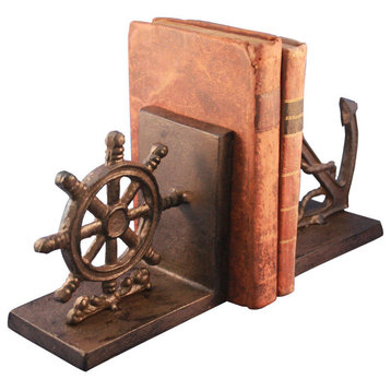 Nautical Anchor and Ship's Wheel Bookends Cast Iron Metal Sculpture
