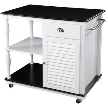 Kitchen Island With Casters, Cabinet With Louvered Door, Black and White