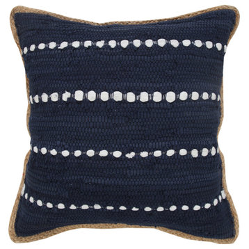 Navy Blue and White Striped Jute Bordered Throw Pillow