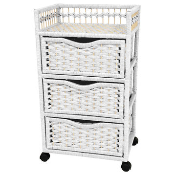 31" Natural Fiber Chest of Drawers on Wheels, White
