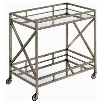 Benzara BM194346 Metal Framed Two Tier Serving Cart Side Panels,Silver and Clear