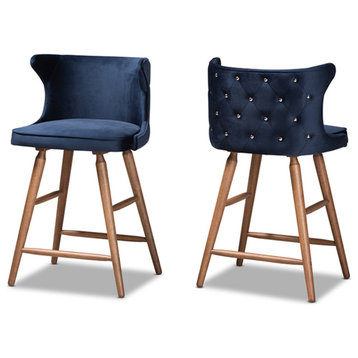Navy Blue Velvet Fabric Walnut Brown Finished Wood Counter Stool, Set of 2
