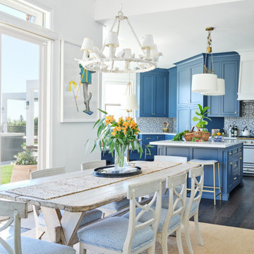 Malibu Kitchen with Blue Cabinets and Dining Area