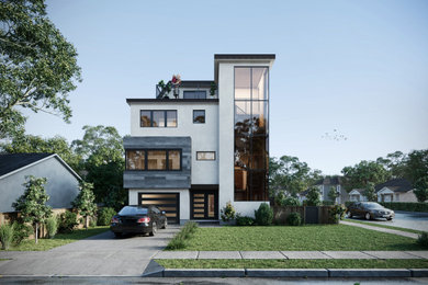 Idéer för ett mellanstort modernt vitt hus, med tre eller fler plan, stuckatur, platt tak och tak i metall