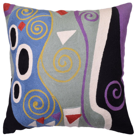 Klimt Blue Cushion Cover Marine Chair Pillows Hand Embroidered Wool 18x18