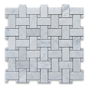 Carrara Venato Marble Basketweave Mosaic Tile White Dots Honed 1x2, 1 sheet