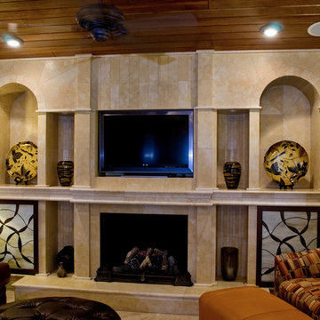 large stone fireplace with lots of detail