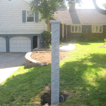 Flat Fieldstone Walls, Cape Cod Paver Platforms and Walkway, w/ Accent Lighting