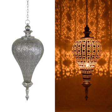 Antique-Style Silver Oriental Metal Hanging Pendant Light Candle Lantern, Large