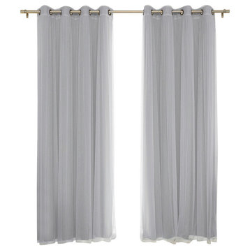 Gathered Tulle Sheer and Blackout 4-Piece Curtain Set, Gray, 84"