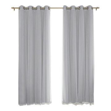 Gathered Tulle Sheer and Blackout 4-Piece Curtain Set, Gray, 84"