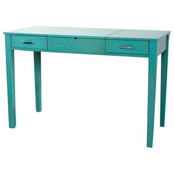 Multifunctional Desk, Rectangular Top With Lift Up Mirror & 2 Drawers, Turquoise