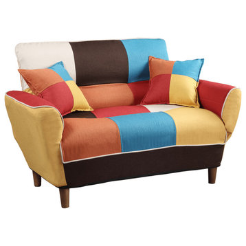 46" Brown Linen Futon Convertible Sleeper Love Seat And Toss Pillows