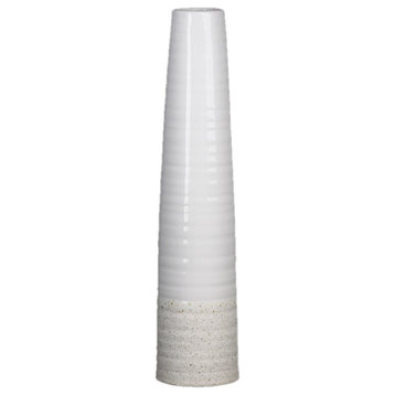 Stoneware Tall Round Vase with Ribbed Cracked Design Body, Rough Speck