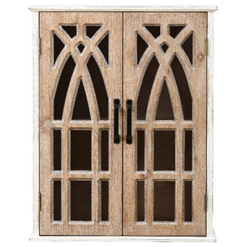 LuxenHome Farmhouse White and Natural Wood Cathedral-Style 2-Door Wall Cabinet