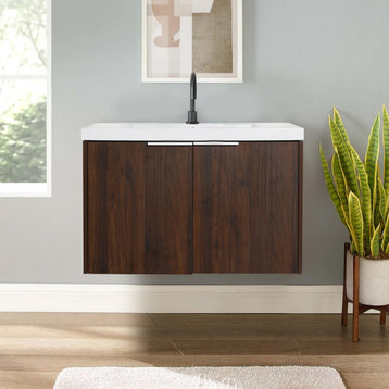Floating Bathroom Cabinet With Sink and Soft Close Doors, California Walnut, 30"
